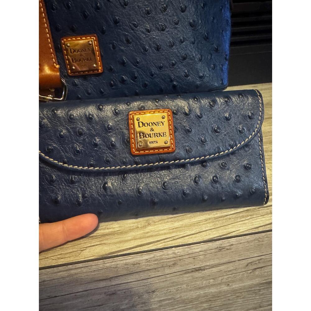 Two piece set- Dooney & Bourke Embossed Ostrich leather Satchel wallet teal blue - Picture 3 of 16